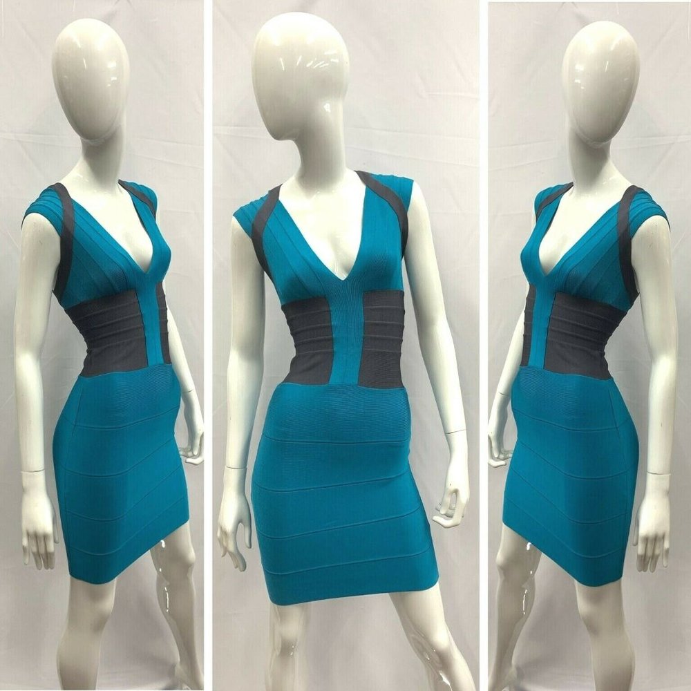 NWT Herve Leger Turquoise Blue Grey Body Con Dress
